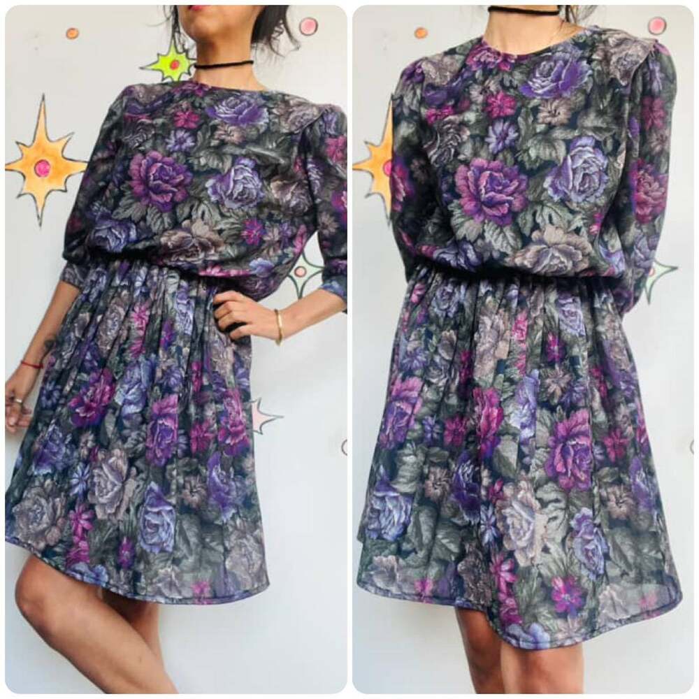 80s Purple Boho Prairie Dress - Cottage Core Fairy Grunge Secretary Vintage S/M